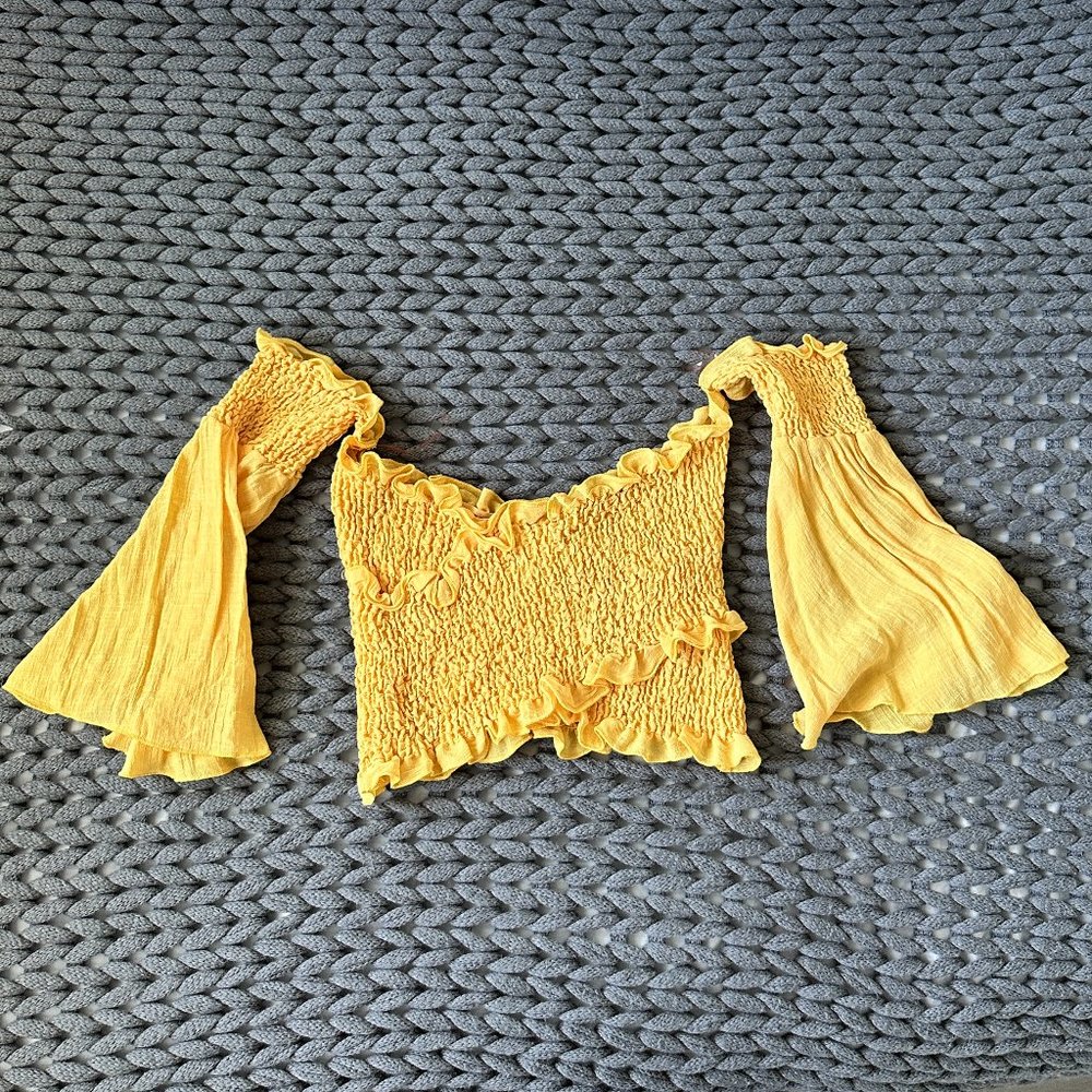 FLYING TOMATO Criss Cross Off Shoulder Crop Top with Bell Sleeves - Size M